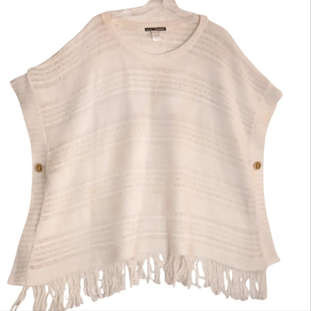 Vintage Off White Loose Knit Boxy Pullover Boho Fringe  Poncho Sweater OS
